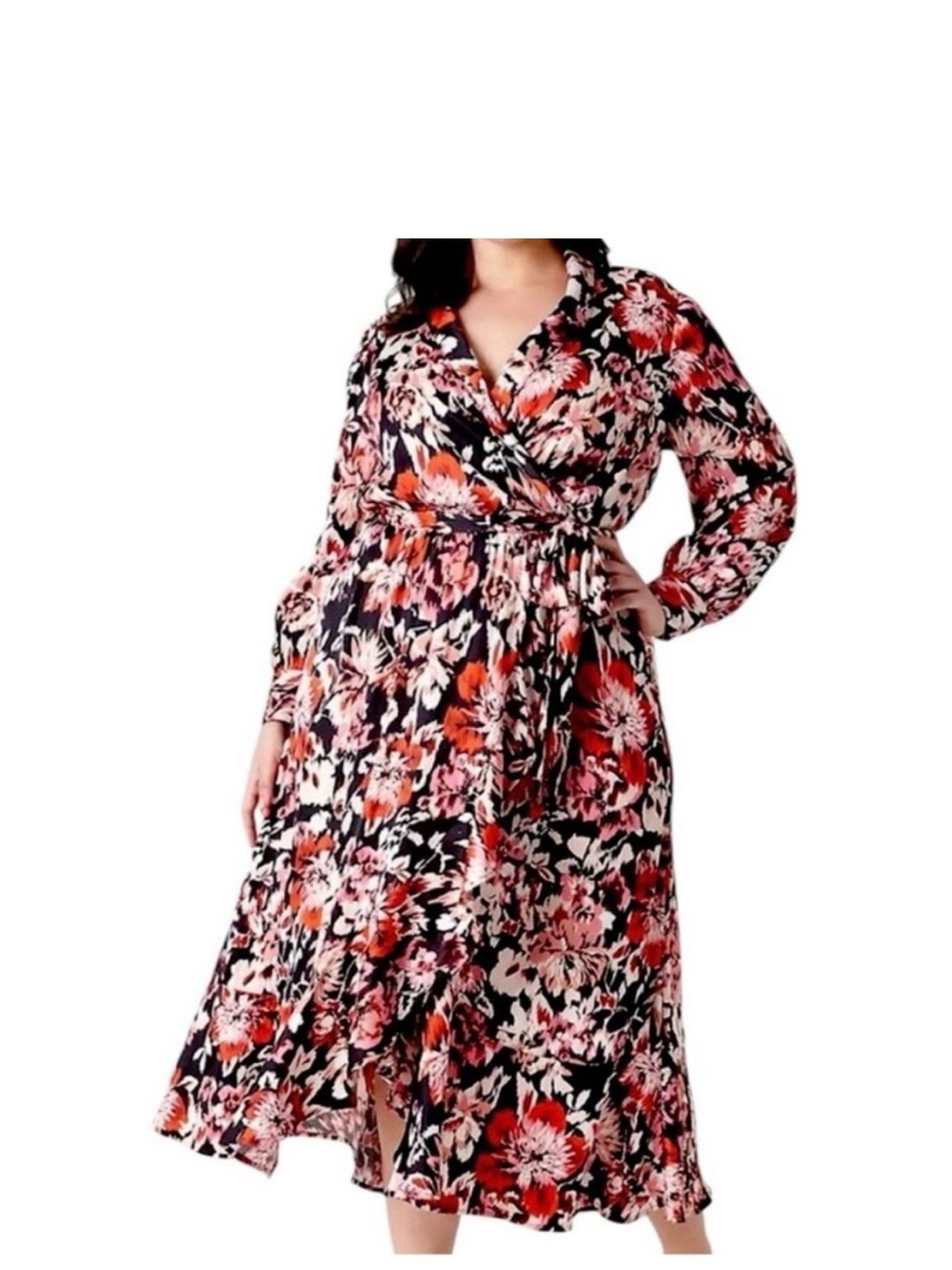 Lane Bryant Black Floral Wrap Midi Dress with Red Accents